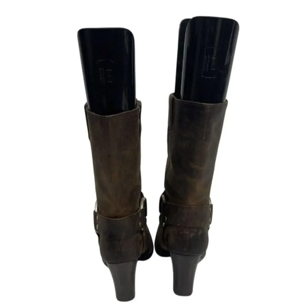 Brown Leather Harness Heeled Western Boots 7.5